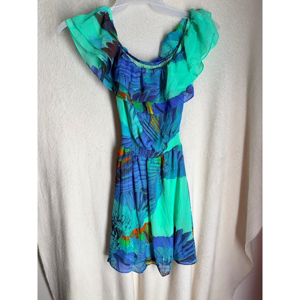 Bebe Teal Blue Floral Ruffle Off Shoulder Smocked Waist Cutout Mini‎ Dress